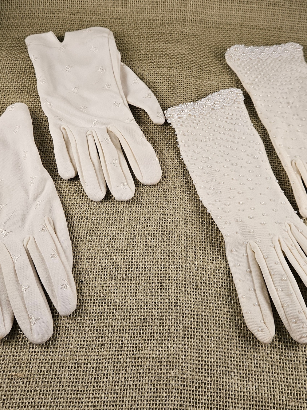 Vintage Ivory Beaded and Embroidered Ladies Gloves - Set of 2 Pair